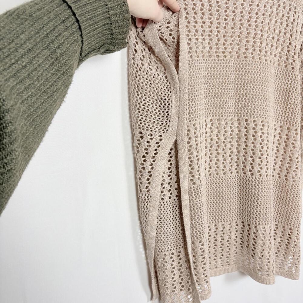 Tan Open Knit Block Lightweight V-Neck Oversized Reversible Short Sleeve Poncho - Picture 4 of 6